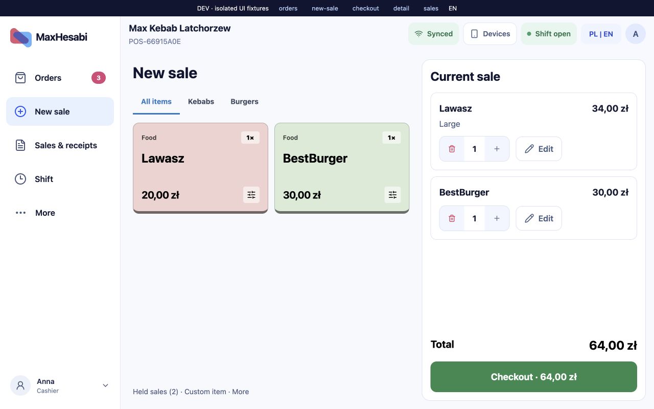 MaxHesabi POS demonstration interface: products, current cart and checkout